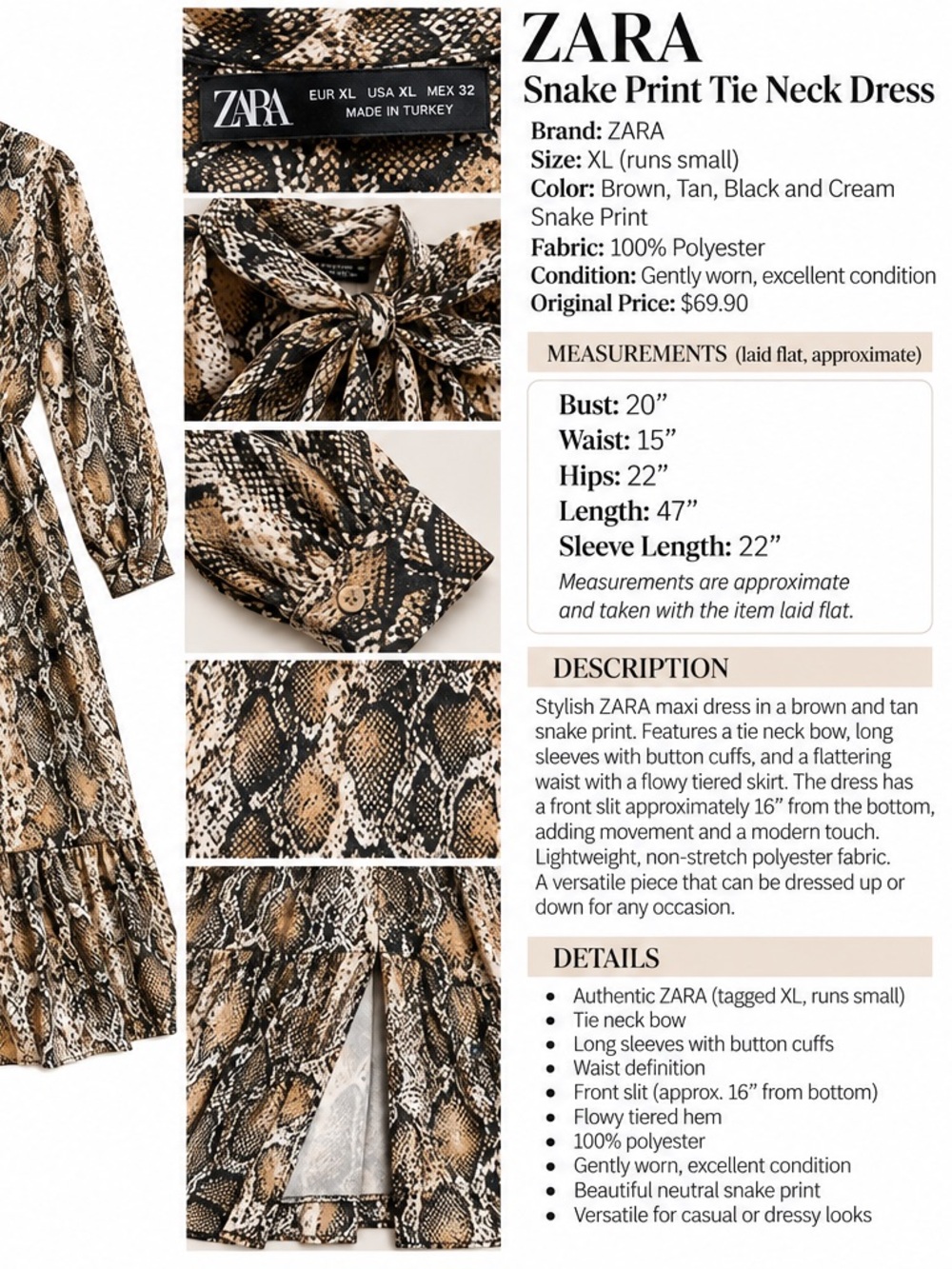 ZARA Brown Tan Black and Cream Snake-Print Tie-Neck Maxi Dress